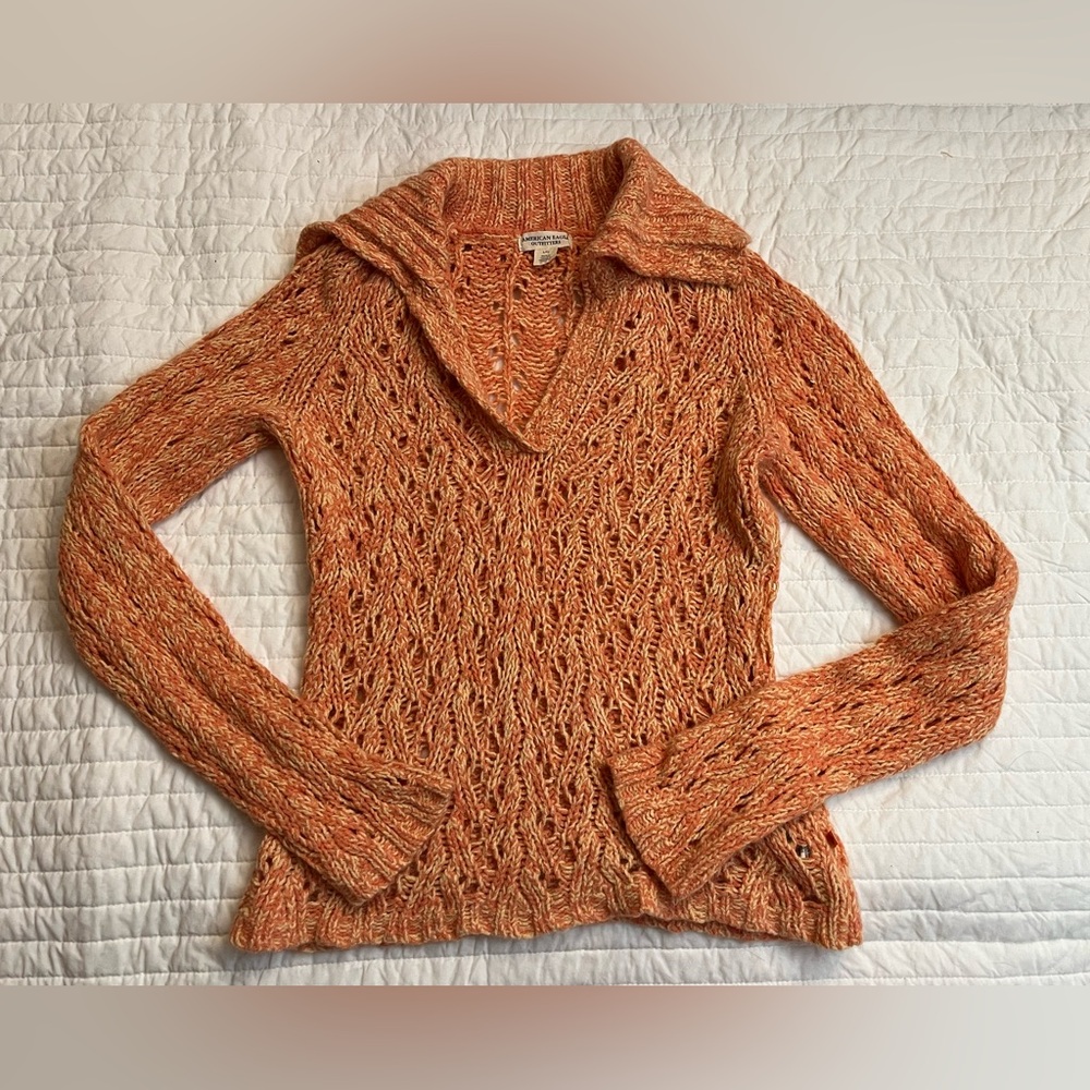 American Eagle coral crochet collared angora sweater